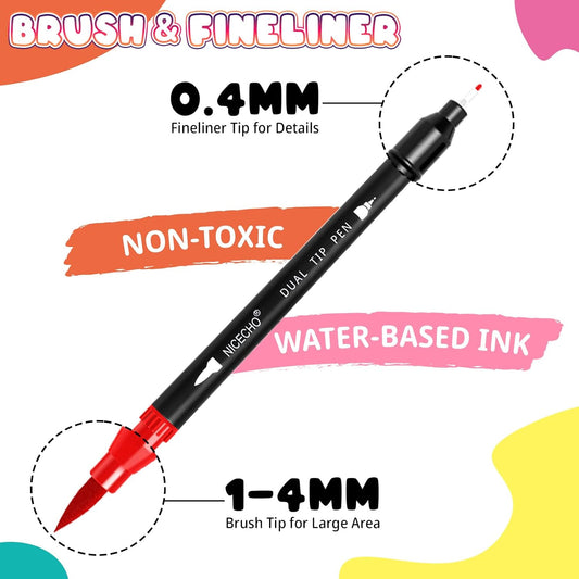Nicecho Art Markers Dual Brush Pens for Coloring, 60 Artist Colored Marker Set, Fine and Brush Tip Pen Art Supplier for Adult Coloring Books, Bullet Journaling, Drawing