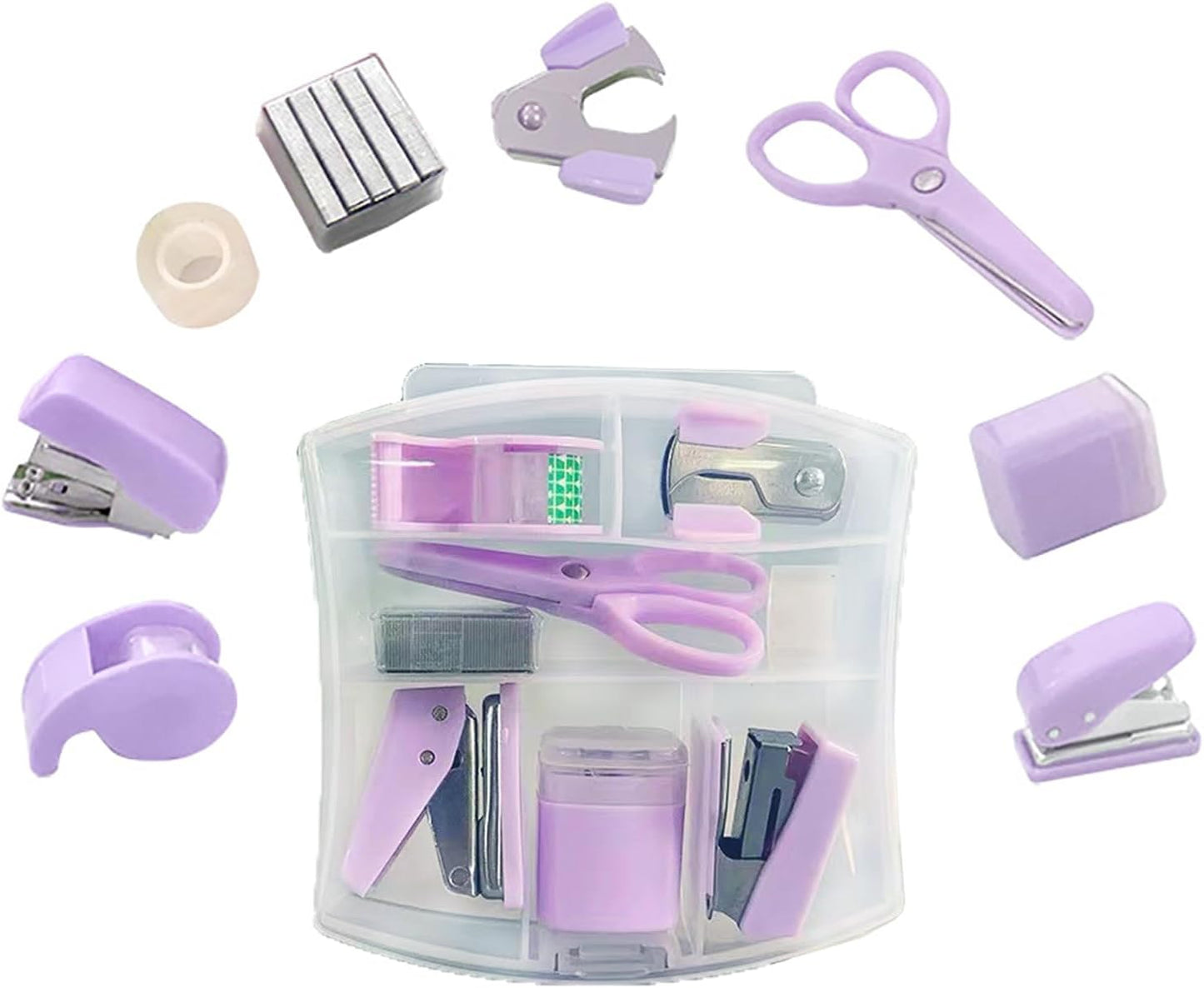 8 Pack Mini Office Supply Kit Portable Case with Scissors,Tape Dispenser Set, Punch,Pencil Sharpener, Mini Stapler with Staples and Staple Remover (Pink)