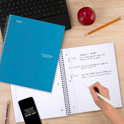 Five Star Spiral Notebook + Study App, 1 Subject, Wide Ruled Paper, 8" x 10-1/2", 100 Sheets, Fights Ink Bleed, Water Resistant Cover, Tidewater Blue (72875)