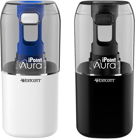 Westcott 17794 iPoint Stratus Battery Pencil Sharpener with Titanium-Bonded Blades and Pop-Top Canister for School, Office, and Home, Assorted Colors