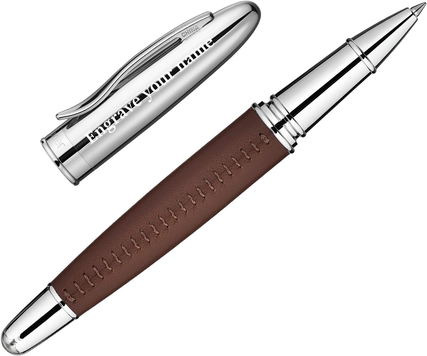 BEILUNER 318 Luxury Leather Pen, Hand-Stitched Premium Leather, Chrome-Plated Finish, Schmidt Ink Refill, Best Rollerball Pen Gift for Men & Women, Refillable, Executive Writing, Nice Pens