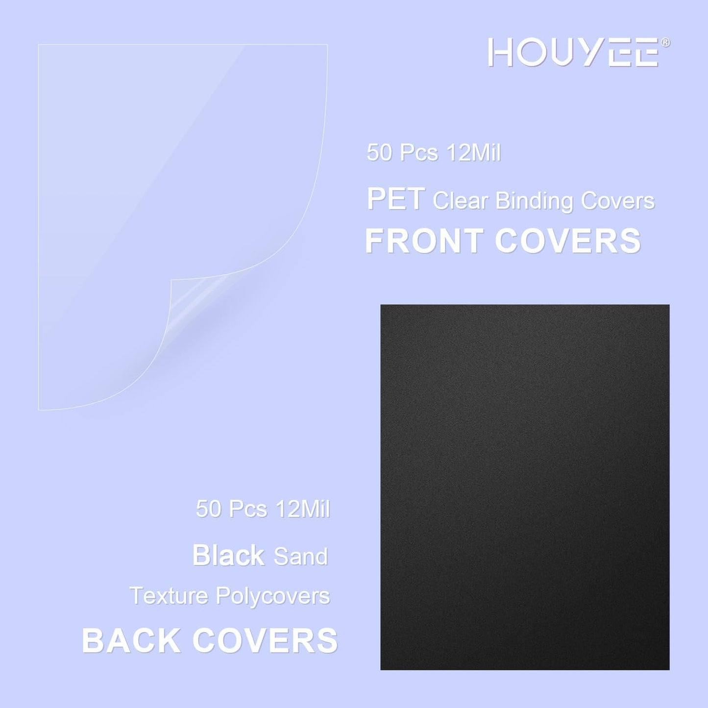 HOUYEE 120 Pack Binding Covers and Backs Set, 8.5x11 Inches, Including 60 Pcs 10 Mil Clear Binding Covers, 60 Pcs 12 Mil Black Plastic Sand Texture Polycovers, Letter Size