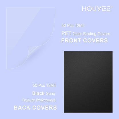 HOUYEE 120 Pack Binding Covers and Backs Set, 8.5x11 Inches, Including 60 Pcs 10 Mil Clear Binding Covers, 60 Pcs 12 Mil Black Plastic Sand Texture Polycovers, Letter Size