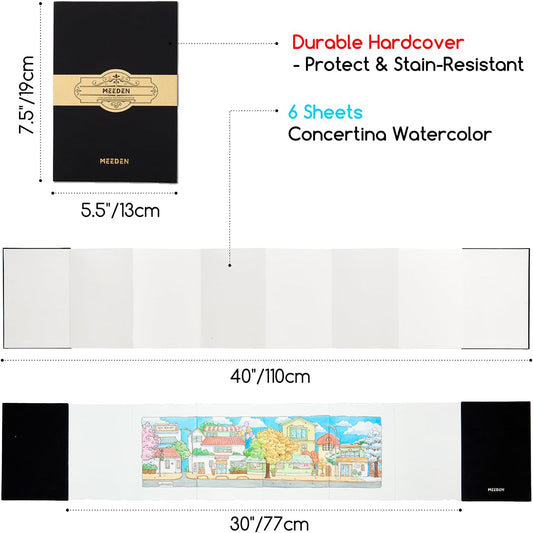 MEEDEN Portable Watercolor Paper Sketchbook: 140lb/300gsm Acid Free Concertina Sketchbook for Travel - Accordion-Fold 100% Cotton Water Color Journal Paper for Wet/Dry Techniques, Cold Press