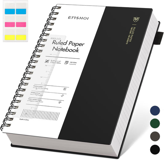 EMSHOI A5 Spiral Notebook College Ruled Lined Journal, Small 5.7" X 8.22", 300 Pages/150 Sheets, 100gsm Thick Paper, Waterproof Hardcover, for Office School Women Men Work Writing Notes, Blue