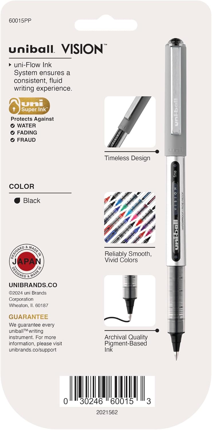 uni-ball Vision Stick Roller Ball Pens, Fine Point, Black Ink, Pack of 4