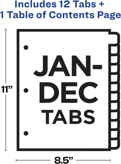 Avery Jan-Dec Dividers for 3 Ring Binders, 12 Tabs per Set, Customizable Table of Contents, Classic White Tabs, Great for Organizing Reports, Projects, and More (11126)
