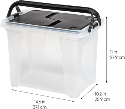 IRIS USA File Box with Lid File Organizer for Letter File w/Organizer-Lid, Plastic Mobile Filing Organizer, Water Resistant Document Box, Portable File Box with Handle, Secure Buckle, Lockable, Black