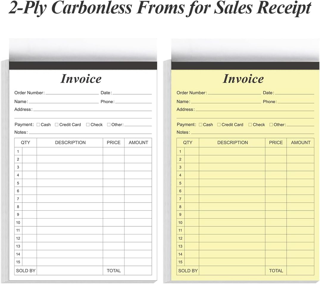 Invoice Receipt Book with Cardboard 2-Part Carbonless, 5.5" x 8.5" Order Forms, 50 Sheets Carbonless Sales Invoice Book for Small Business