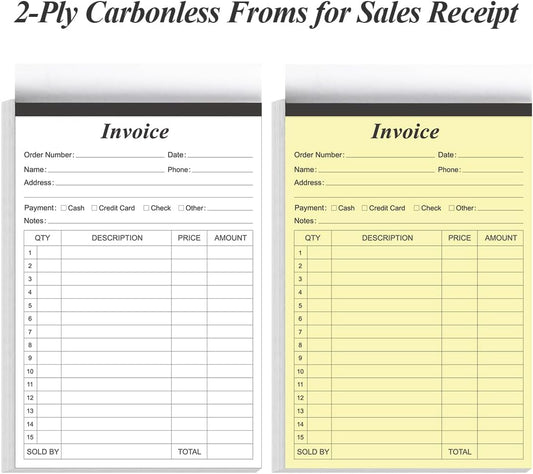 Invoice Receipt Book with Cardboard 2-Part Carbonless, 5.5" x 8.5" Order Forms, 50 Sheets Carbonless Sales Invoice Book for Small Business