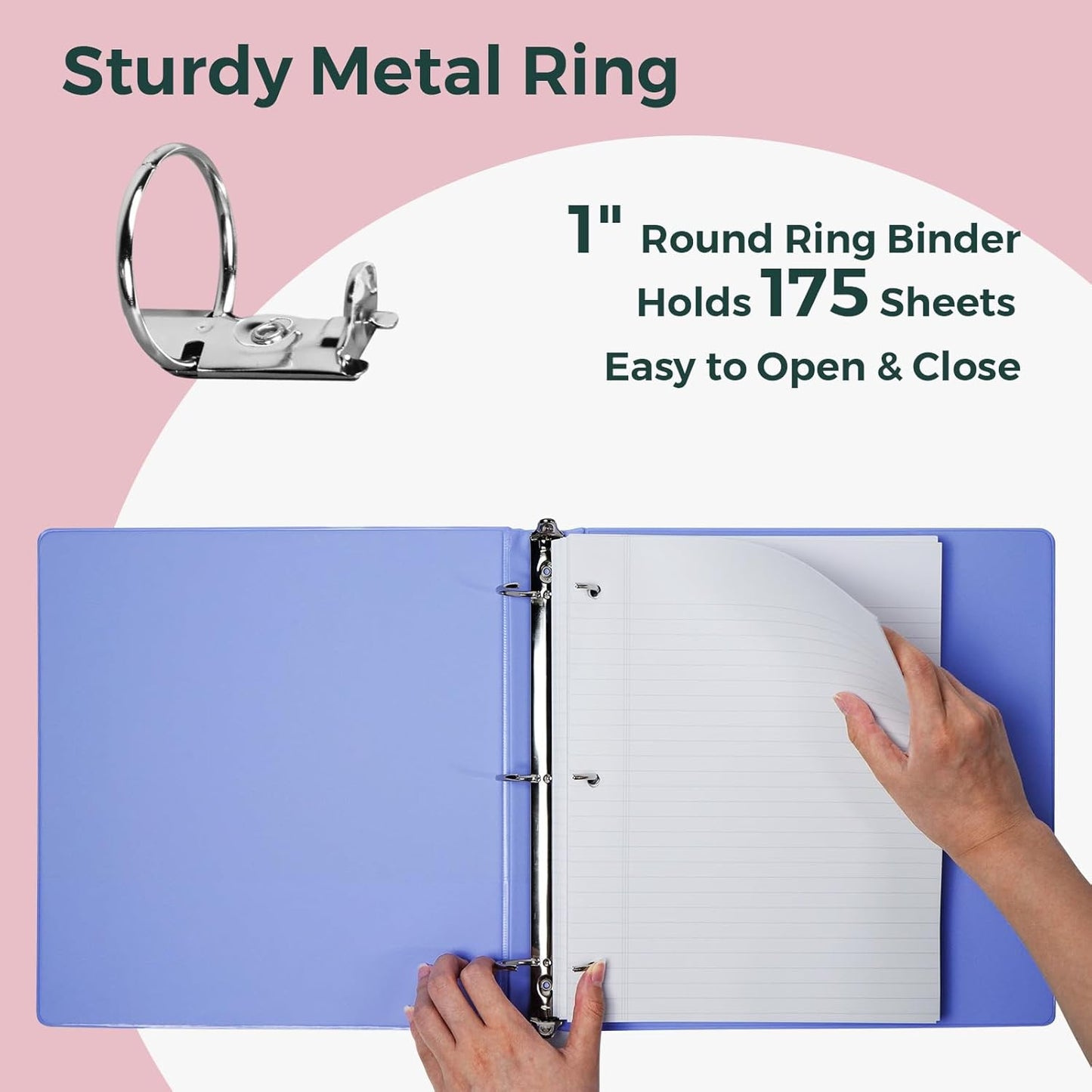 POPRUN 3 Ring Binder 1 Inch, PVC-Free, Holds 175 Sheets of 8.5 x 11 Paper, Extra Durable Organizer with 2 Pockets for School & Office, Heavy-Duty, 4 Pack, Pink