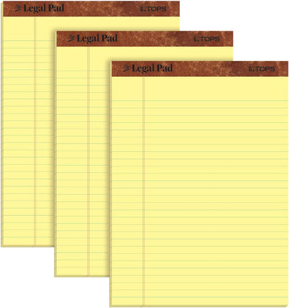 TOPS The Legal Pad Writing Pads, 8-1/2" x 11-3/4", Canary Paper, Legal Rule, 50 Sheets, 3 Pack (75327)
