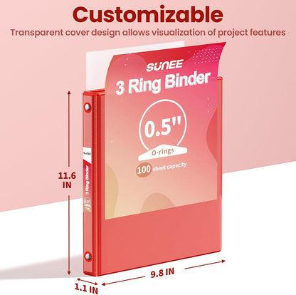 SUNEE 1 Inch Binders 3 Ring 6 Pack, Clear View Three Ring Binders PVC-Free (Fit 8.5x11 Inches) for School Binder or Office Binder Supplies, Classic 6 Colors