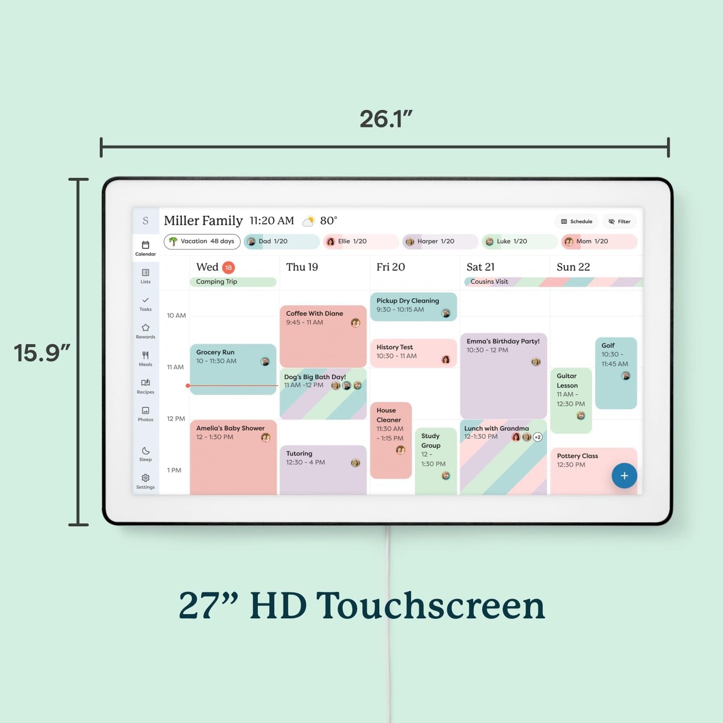 Skylight Calendar Max: 27-Inch Smart Digital Calendar & Chore Chart, Family Organizer with Interactive Touchscreen Display – Wall Mountable in Portrait or Landscape, Classic White Frame