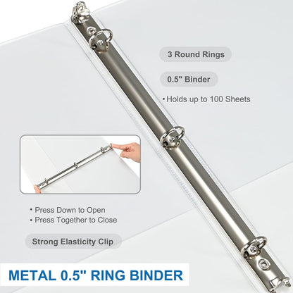1/2 Inch 3-Ring Binder, 0.5-inch Round Ring Binder with 2 Inside Pockets, 12 Pack White Binders, Clear View CoverBinder Holds 8.5'' x 11''Paper for Office/Home/Back to School