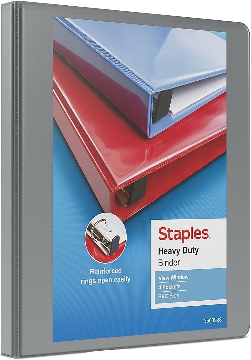 Staples Heavy-Duty 2-Inch D-Ring View Binder, Reinforced Spine, Holds Up to 450 Sheets, Gray, for Office & School