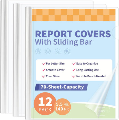 Binditek 12 Pack Clear Report Covers with Sliding Bars, 9mm Sliding Bar File Folder, 70 Sheet Capacity, Letter Size, 5.5 Mil Thick, White, for Students and Coworkers