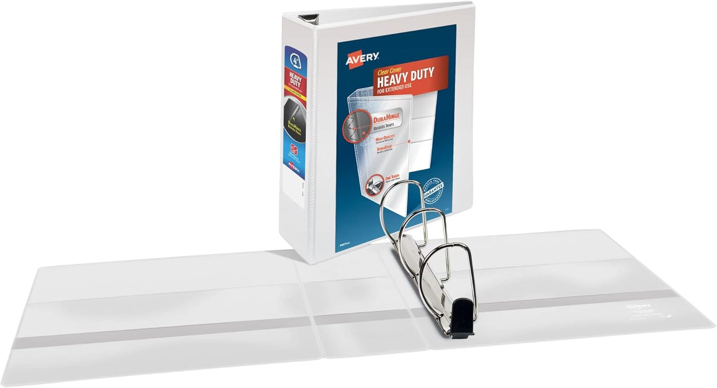 Avery Heavy-Duty View 3 Ring Binder, 2 Inch One Touch Slant Rings, 530-Sheet Capacity, DuraHinge, 2.8 Inch Wide Spine, Customizable Clear Cover and Spine, 1 White Binder (79792)