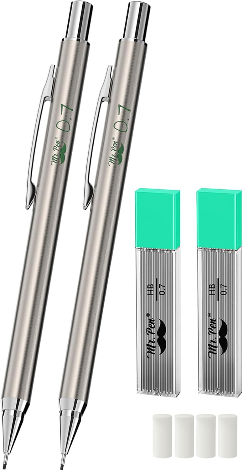 Mr. Pen- Metal Mechanical Pencil Set with Lead Refills & Erasers, 2mm, HB & Colored Lead Refills, 4x Eraser Refills for School Supplies, Note Taking, Drawing, Sketching, Office