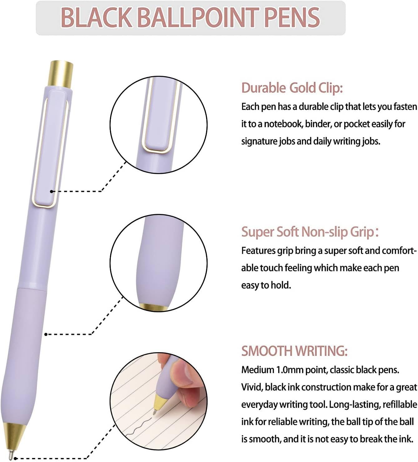 Linbsunne Ballpoint Pens Black Medium Point 1mm Pen with Super Soft Grip Ball Point Pen for Men Women Retractable Pens