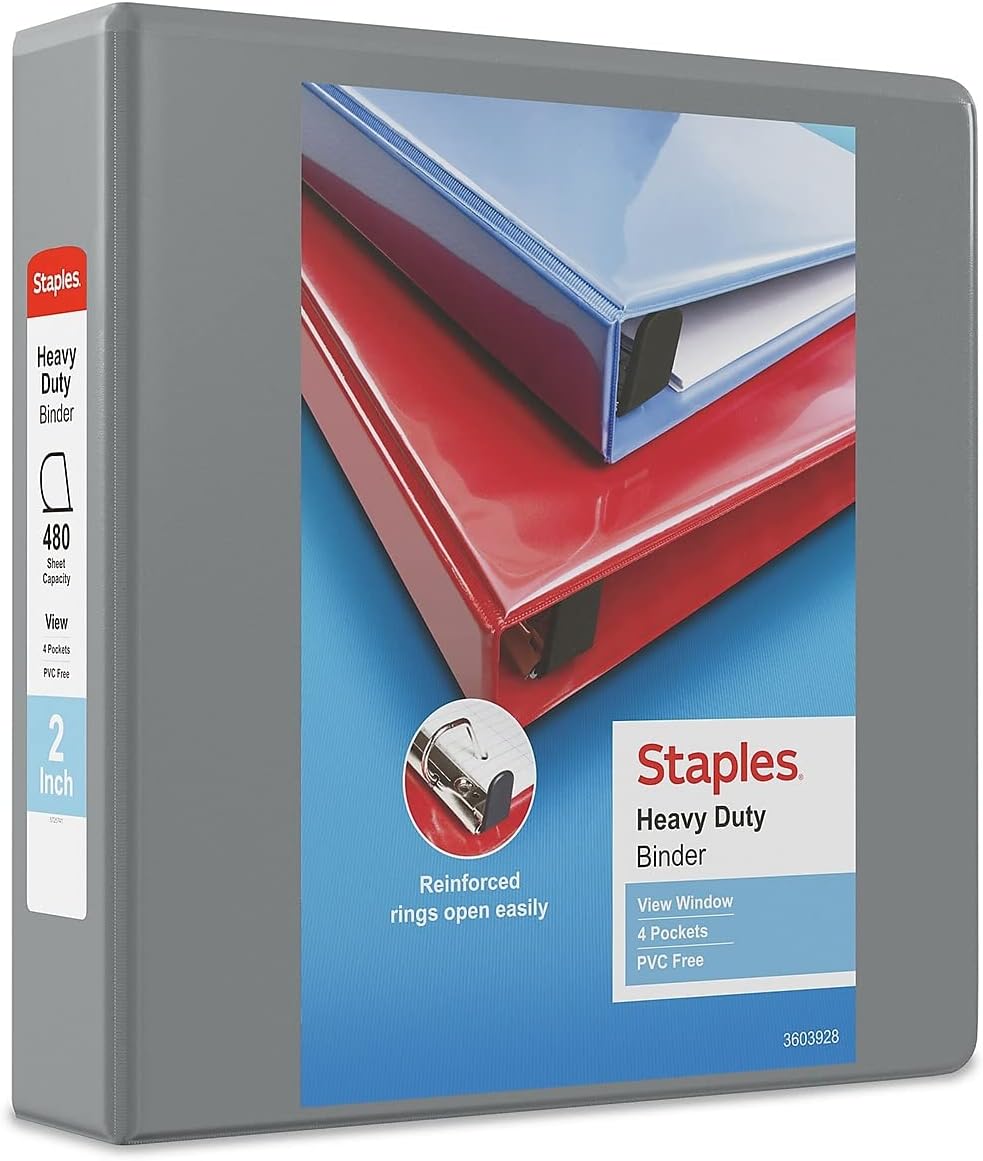Staples Heavy-Duty 2-Inch D-Ring View Binder, Reinforced Spine, Holds Up to 450 Sheets, Gray, for Office & School