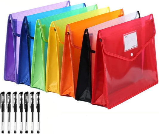 7 Pack File Folder - Expandable Poly Envelopes B4 Plastic Document Folder Button Closure Waterproof File Pouch with 7pcs Black Gel Ink Pens for School Office Supplies (Assorted Colors)