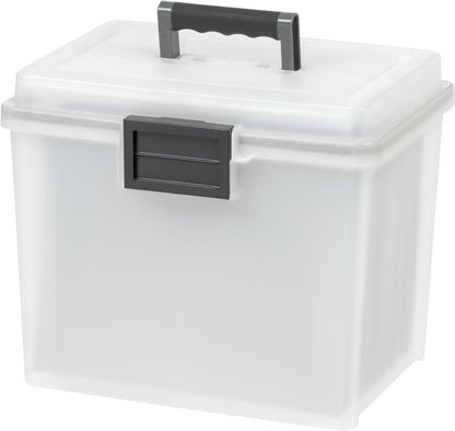 IRIS USA File Box with Lid File Organizer for Letter File w/Organizer-Lid, Plastic Mobile Filing Organizer, Water Resistant Document Box, Portable File Box with Handle, Secure Buckle, Lockable, Black
