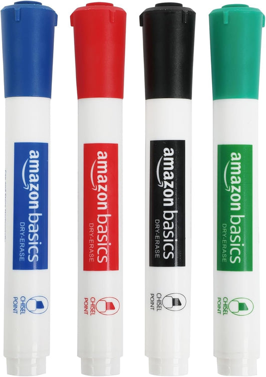Amazon Basics Dry Erase Whiteboard Markers, Chisel Tip, Low-Odor, Assorted Colors, 12-Pack, Erase Easily