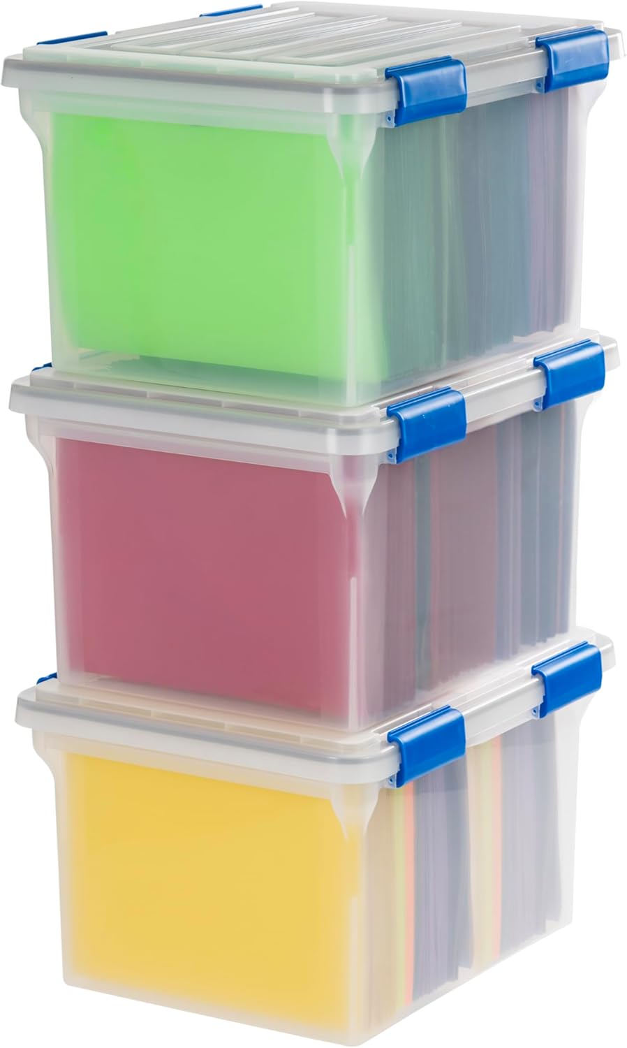 IRIS USA File Box, File Organizer w/Hinged Split Lid for Letter File, Important Document Box, Plastic Storage Filing Bin for Moving, Stackable Nestable Portable, Pearl 44 Qt. 4 Pack