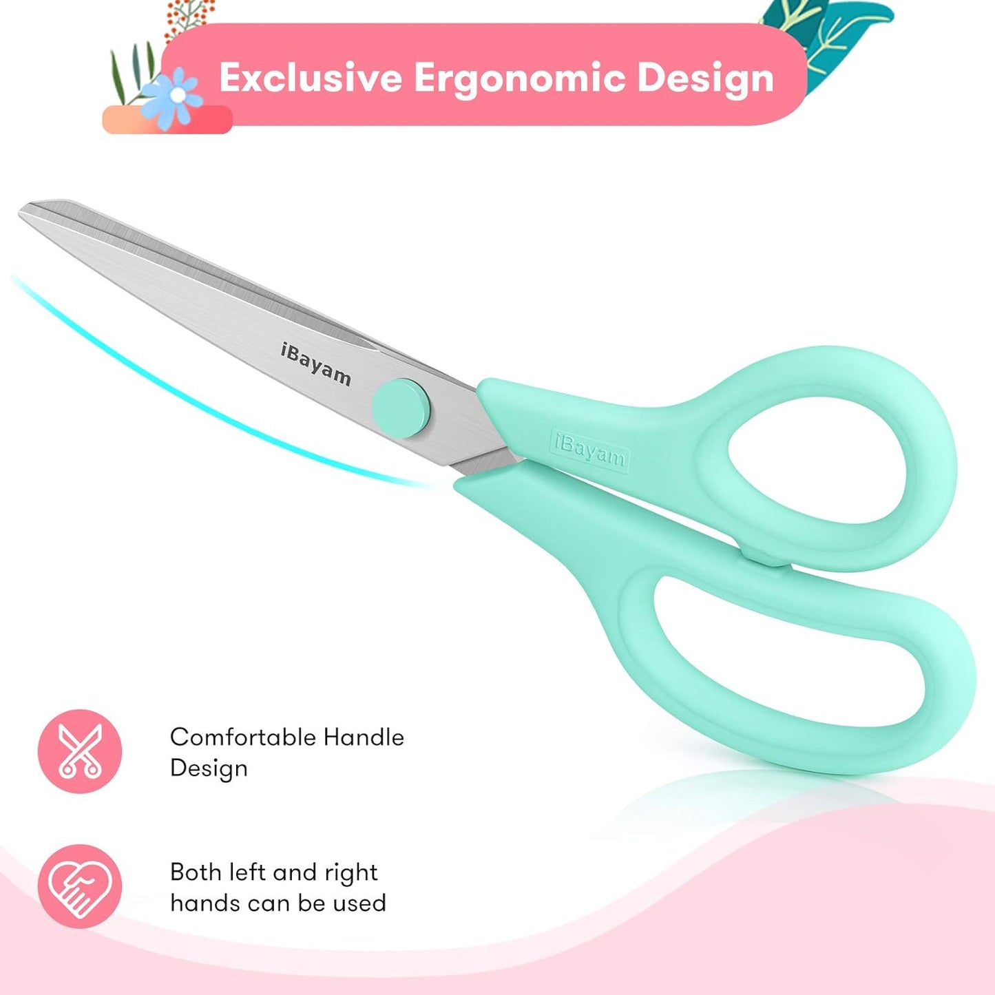 Scissors, iBayam 8" All Purpose Scissors Bulk 3-Pack, Ultra Sharp 2.5mm Thick Blade Shears Comfort-Grip for Aesthetic Fun Cute School Office Teacher Desk Crafts and Art Supplies Accessories Essential