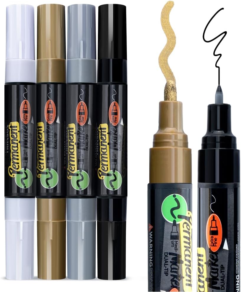 TRANSON Black and White Bold Tip and Extra Fine Tip Paint Markers Waterproof Oil Paint pen
