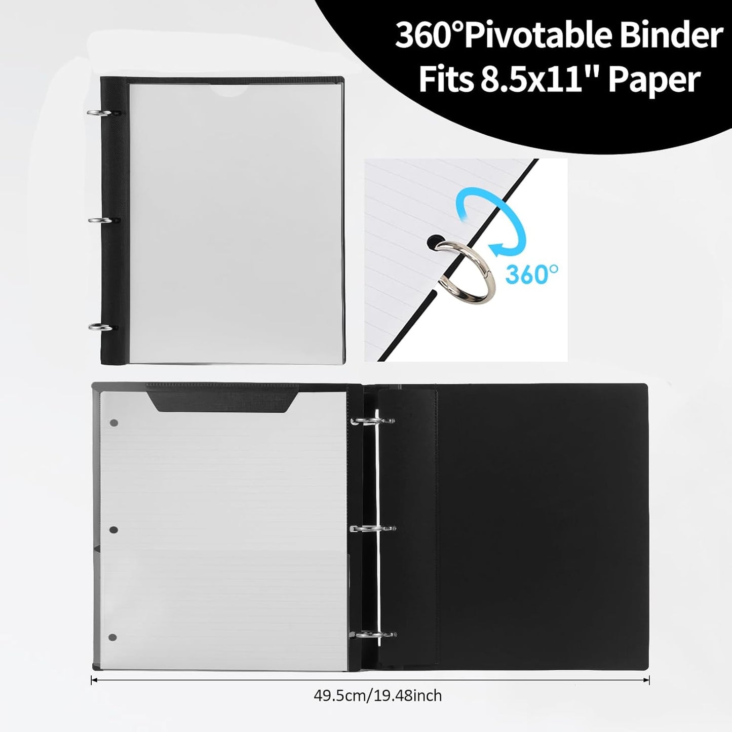 360 Degree Pivotable Binder, Upgraded 3 Ring Binder 1 inch 4 Pack, Flexible Binders 3 Ring, Foldable Three Ring Binders- Black, White, Blue, Red