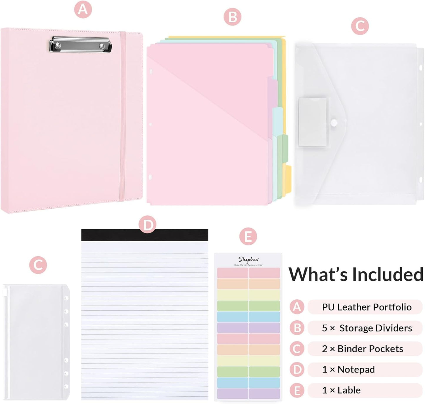 SKYDUE 3 Ring Binder with Clipboard,1 Inch Binder, 13.2" × 10.2" PU Clipboard Binder with Notepad & 5 Dividers with 5 Pockets, Labels, Clipboard Folder Great for School Office(Fit Letter Sized Paper)