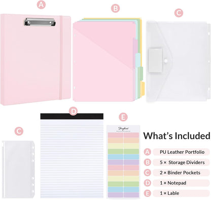 SKYDUE 3 Ring Binder with Clipboard,1 Inch Binder, 13.2" × 10.2" PU Clipboard Binder with Notepad & 5 Dividers with 5 Pockets, Labels, Clipboard Folder Great for School Office(Fit Letter Sized Paper)