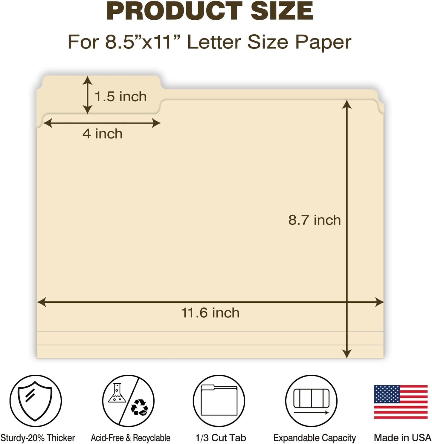 Manilla Folders 8.5 x 11 File Folders Letter Size Manila Folder with 1/3 Cut Tab 100 Pack Paper Folders for Office, School, Home, Business Filing Supplies Made in USA