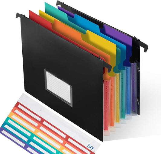 TRANBO 7-Pockets Hanging File Folder with Retractable Hooks for Filing Cabinet, Letter Size Expandable Accordion File Organizer with Elastic Band for File Frame or On-The-Go Use (3 Pack)