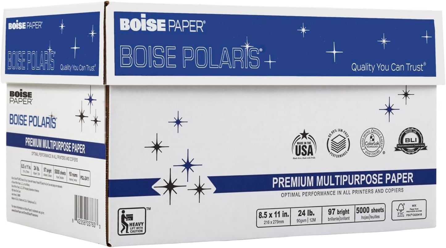 Boise Paper Premium Multipurpose Copy Paper | 8.5" x 11" Letter | 97 Bright White, 24 lb. | 10 Ream Carton (5,000 Sheets)