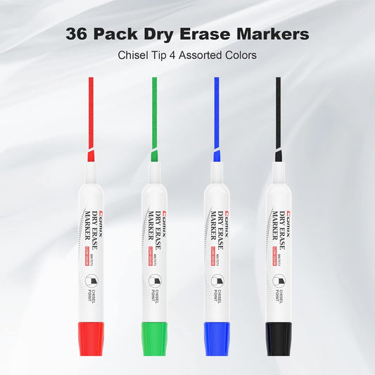 Comix Low Odor Dry Erase Markers Black, 36 Bulk Black Color Whiteboard Markers, Chisel Tip Thick Markers for Classroom, Teachers, Office, School Supplies