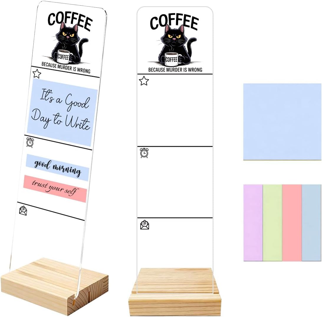 Sticky Notes Monitor Memo Board Acrylic Note Holder with Removable Wooden Base, Everything is Fine Logo Desk Set Includes 200 Sheets Two Sizes Sticky Notes, Office Desk Accessories Organizer