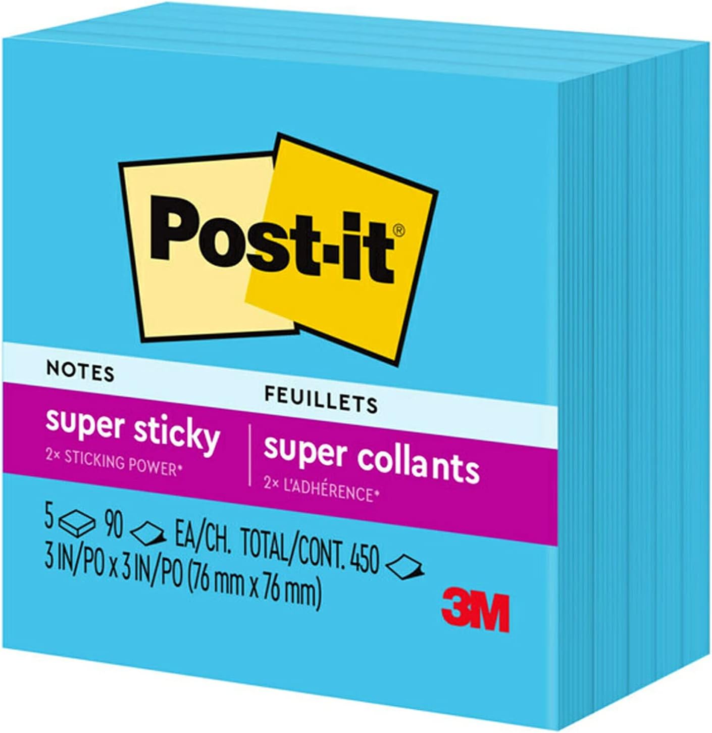 Post-it Super Sticky Notes, 5 Sticky Note Pads, 3 x 3 in., School Supplies, Office Products, for Vertical Surfaces, Monitors, Walls and Windows, First Snow White