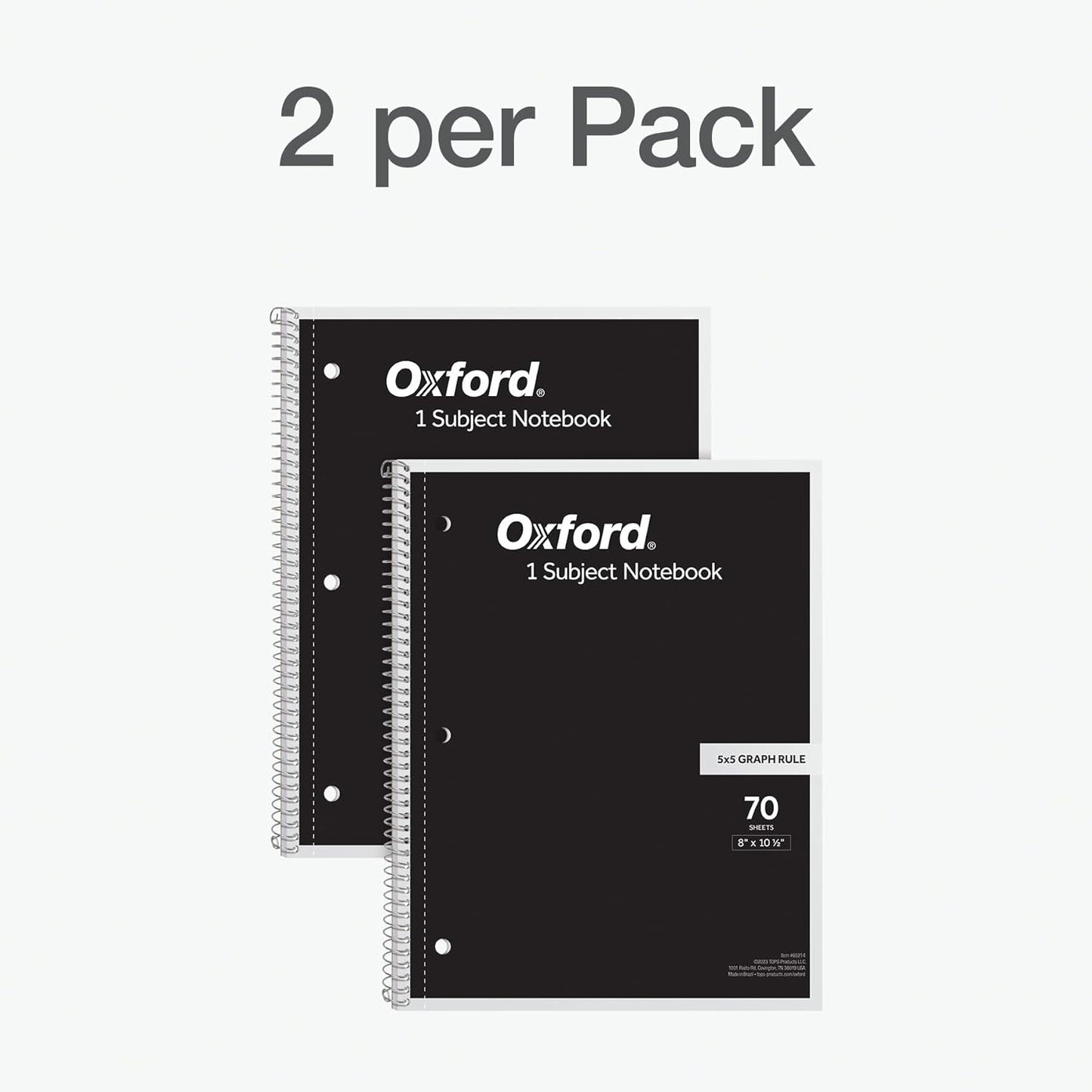 Oxford Spiral Notebook 2 Pack, 1 Subject School Pads, 3-Hole Punch, 5 x 5 Inch Graph Paper, 8-1/2 x 10-1/2 Inches, Black Covers, 70 Perforated Sheets (65214)