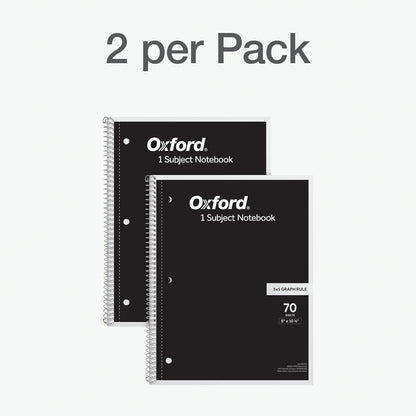 Oxford Spiral Notebook 2 Pack, 1 Subject School Pads, 3-Hole Punch, 5 x 5 Inch Graph Paper, 8-1/2 x 10-1/2 Inches, Black Covers, 70 Perforated Sheets (65214)