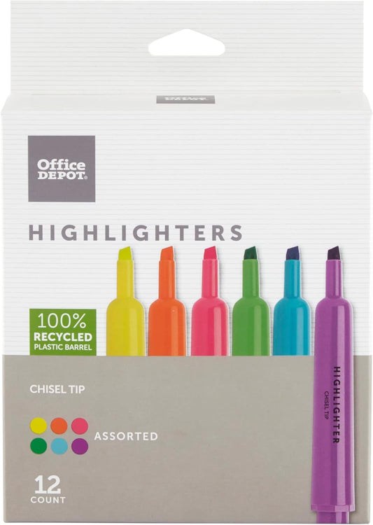 Office Depot Chisel-Tip Highlighter, Assorted Fluorescent Colors, Pack Of 12, 0