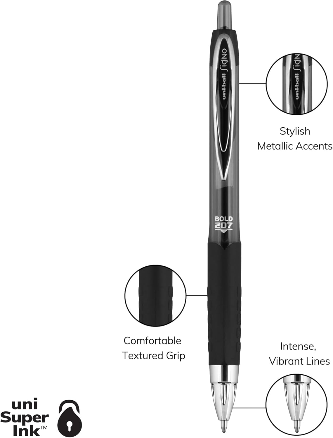 Uni-Ball® 207™ Retractable Fraud Prevention Gel Pens, Bold Point, 1.0 mm, Translucent Black Barrels, Black Ink, Pack Of 4