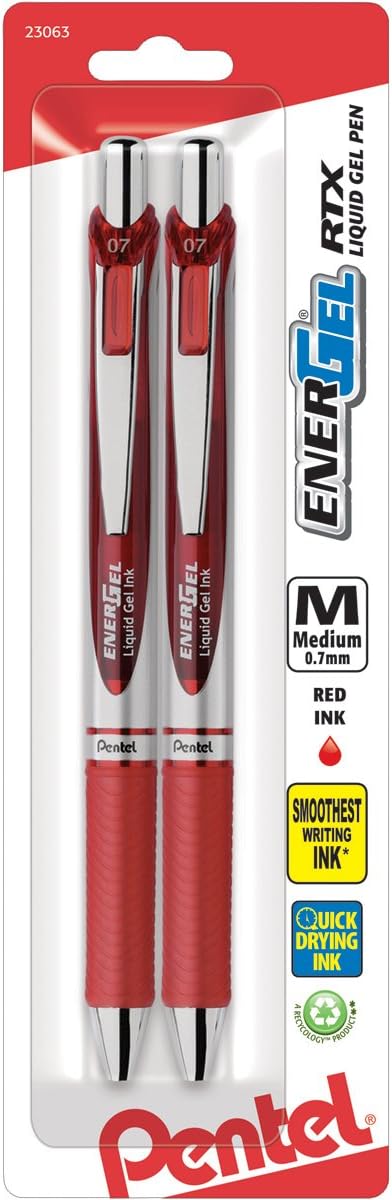Pentel EnerGel RTX Retractable Liquid Gel Pen, Medium Line, Metal Tip, Pink/Violet Ink, 2-Pack (BL77BP2PV)