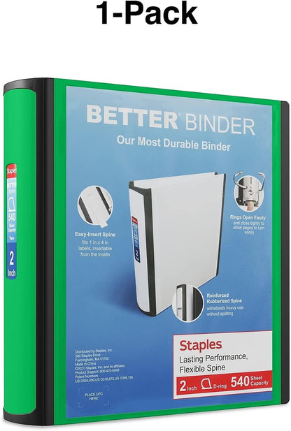 Staples Better Binder 2-Inch D-Ring View Binder, Reinforced Spine, Holds Up to 540 Sheets, Teal, for Office & School