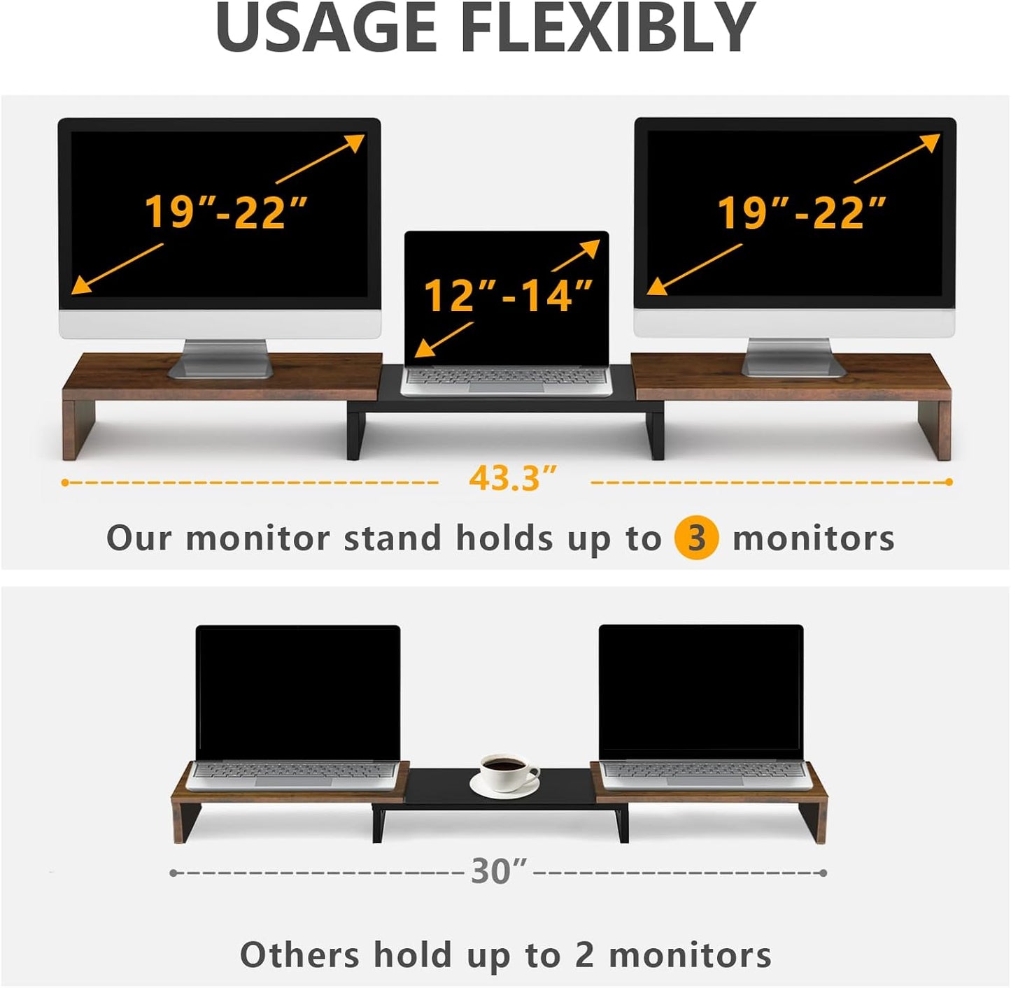 TAVR Dual Monitor Stand Riser Office Desktop Organizer Stand for 2 Monitors, Adjustable Length and Angle 3 Shelf, Extra Long Multifunctional Wooden Stand up to 43.3" fit Computer, Laptop, TV, Black