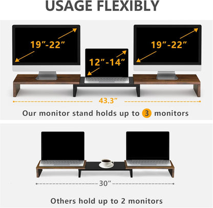TAVR Dual Monitor Stand Riser Office Desktop Organizer Stand for 2 Monitors, Adjustable Length and Angle 3 Shelf, Extra Long Multifunctional Wooden Stand up to 43.3" fit Computer, Laptop, TV, Black