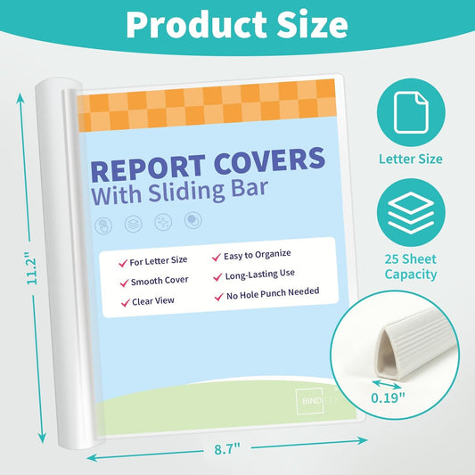Binditek 12 Pack Clear Report Covers with Sliding Bars, 9mm Sliding Bar File Folder, 70 Sheet Capacity, Letter Size, 5.5 Mil Thick, White, for Students and Coworkers