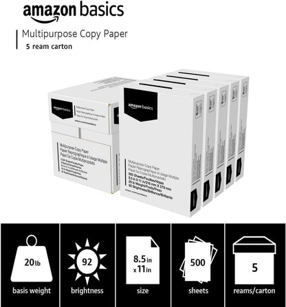 Amazon Basics Multipurpose Copy Printer Paper, 20 lb, 8.5 x 11 Inches, 10 Reams (5,000 Sheets), 92 Bright White